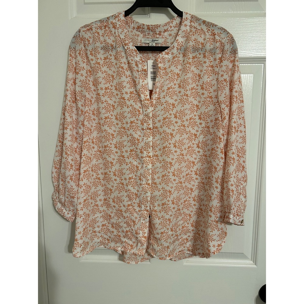 Jachs Girlfriend Womens Orange White Floral Leaf Print Button Down Blouse M NEW